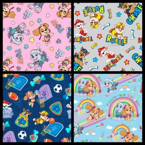 Paw Patrol, Cotton Fabric by David Textiles, Puppies Tossed on a Gray, Pink, Aqua, or Navy Background. By the Half Yard. 18&quot; x 43&quot; wide.