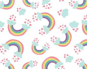FLANNEL. Catch a Rainbow, Cotton Flannel. Rainbows, Pink Hearts, and Blue Clouds on White. By the Half Yard, 18"x42" wide.