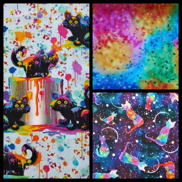 Galaxy Paint Kitty by Nick Gustafson for Timeless Treasures. Brilliant Colors, Cotton Fabric. By the Half Yard, 18" long x 43" wide.