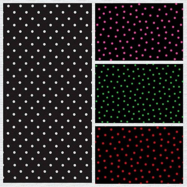Basic Dots. Cotton Fabric by Timeless Treasures. Uniform White Dots on Black, or Pink, Green, or Red. By the Half Yard, 18" long x 43" wide.