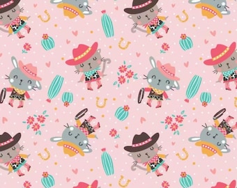 FLANNEL. Kitty & Bunny Cowgirl Cotton Flannel, with Flowers and Cacti by Camelot. Peachy Pink Background. By the Half Yard, 18" x 43" wide.