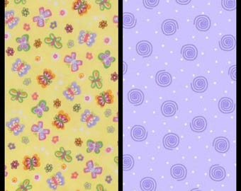 FLANNEL. Happy Butterflies or Coordinating Swirl. Quirky Butterflies in Purple, Green, Orange, and Pink. By the Half Yard, 18"x43" wide.