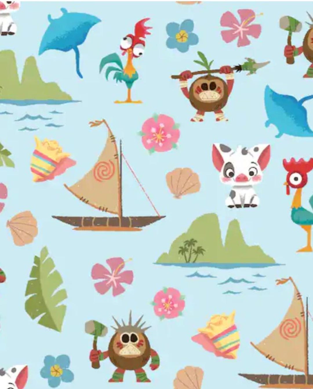 Moana Friends, Cotton Fabric. Pua, Hei Hei, the Kakamora, Boats