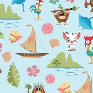 Moana Friends, Cotton Fabric. Pua, Hei Hei, the Kakamora, Boats, and Flowers on a Light Sky Blue Background. By the Half Yard, 18&quot;x43&quot;.