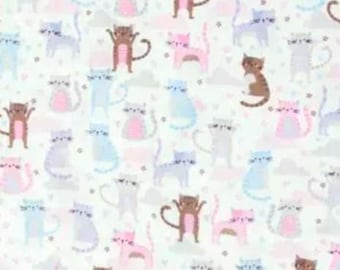 FLANNEL. Cute Kitties. Cotton Flannel. Gray, Brown, Pink, Blue, and Lavender Kitties on White. By the Half Yard, 18" long x 43" wide.