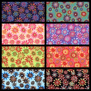 May include: A collection of eight fabric swatches featuring different floral patterns. The patterns are all colorful and feature various shades of pink, blue, green, red, and yellow. The flowers are stylized and have a retro feel.