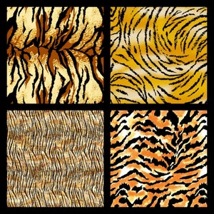 Tiger Collection, Four Different Tiger Animal Skin Prints Available. 100% Cotton Fabric. By the Half Yard, 18" long x 43" wide.