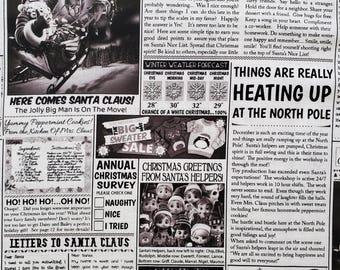 North Pole News. Cotton Fabric. Black and White Newspaper Print Fabric with Stories Relating to Christmas. By the Half Yard, 18" x 43".