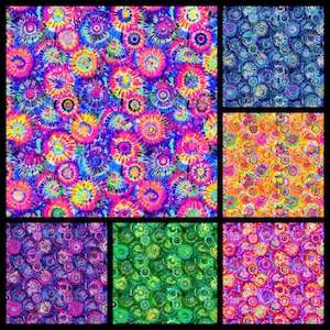 Happy Tie Dye. Cotton Fabric. Blue, Green, Pink, Purple, and Yellow with Splashes Turquoise. By the Half Yard, 18" long x 43" wide.