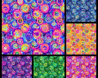 Happy Tie Dye. Cotton Fabric. Blue, Green, Pink, Purple, and Yellow with Splashes Turquoise. By the Half Yard, 18" long x 43" wide.