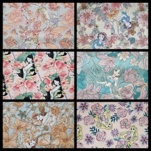 Princess Floral, for Disney by Springs Creative. Cinderella, Belle, Jasmine, Rapunzel, Mulan, Snow White. By the Half Yard, 18&quot; x 43&quot; wide.