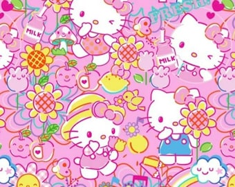 Hello Kitty Garden Doodle. Cotton Fabric. Kitties, Flowers, Birds, Words, on a Bubblegum Pink Background. By the Half Yard, 18"x43".