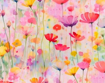 Spring Into Beauty. Cotton Fabric by 3Wishes. Watercolor Flowers in Coral, Yellow, Orchid, and Orange. By the Half Yard, 18"x43".