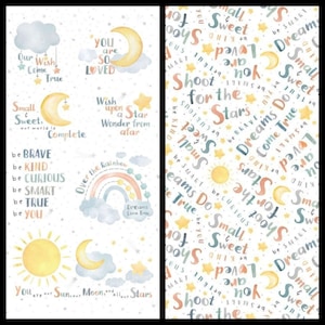 Wish and Wonder. Baby Panel or Coordinating in Gray and Yellow. Panel is 24" wide x 42". Coordinating is By the Half Yard, 18" x 43".