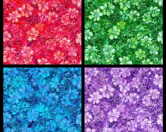 Island Bloom. Cotton Fabric. Tropical Floral Mixer Fabric in Blue, Coral, Green, and Purple. By the Half Yard, 18" x 43" wide.