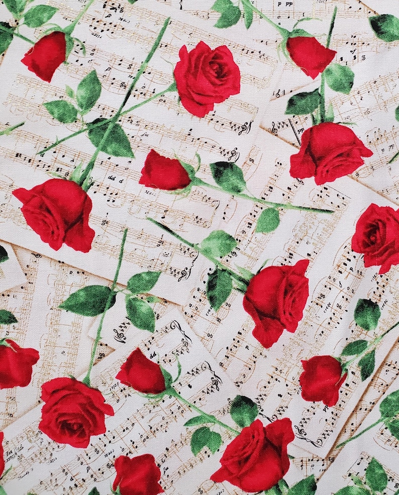 Music and Roses. Cotton Fabric by Timeless Treasures. Rich Red Roses on ...