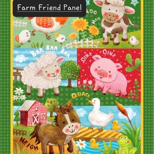 Puede incluir: Una ilustraci&oacute;n colorida de animales de granja, incluyendo una vaca, un cerdo, una oveja, un caballo, un pato y una rana. La ilustraci&oacute;n est&aacute; sobre un fondo verde con una valla blanca de madera y flores. El texto "Farm Friend Panel" est&aacute; en la parte superior de la imagen.