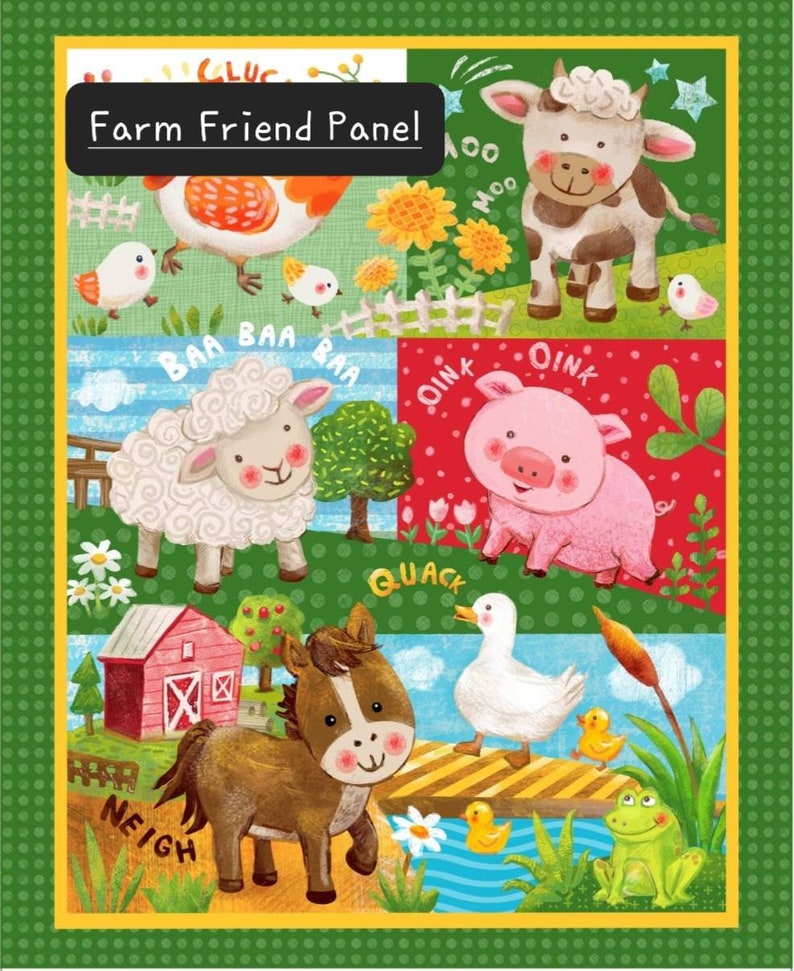 Puede incluir: Una ilustraci&oacute;n colorida de animales de granja, incluyendo una vaca, un cerdo, una oveja, un caballo, un pato y una rana. La ilustraci&oacute;n est&aacute; sobre un fondo verde con una valla blanca de madera y flores. El texto "Farm Friend Panel" est&aacute; en la parte superior de la imagen.