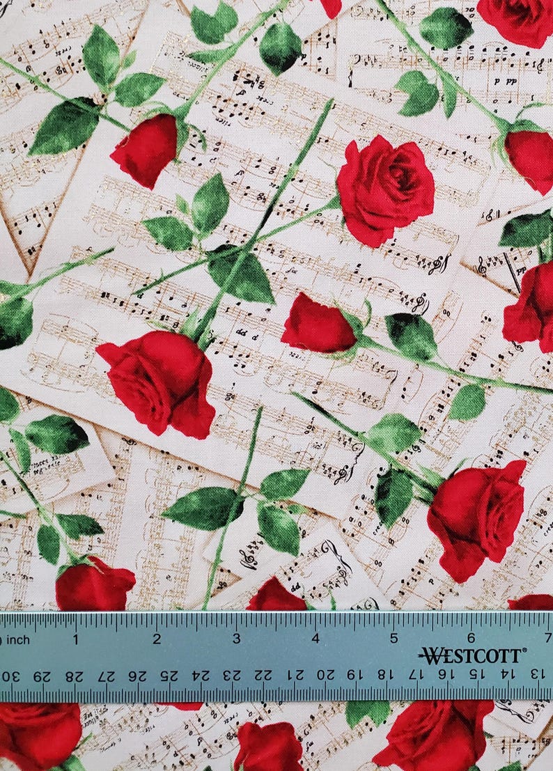 Music and Roses. Cotton Fabric by Timeless Treasures. Rich Red Roses on ...
