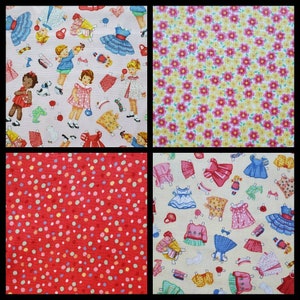 Paper Dolls by Timeless Treasures. Vintage Paper Dolls, Doll Dresses, and 2 Coordinating Prints. By the Half Yard, 18" long x 43" wide.