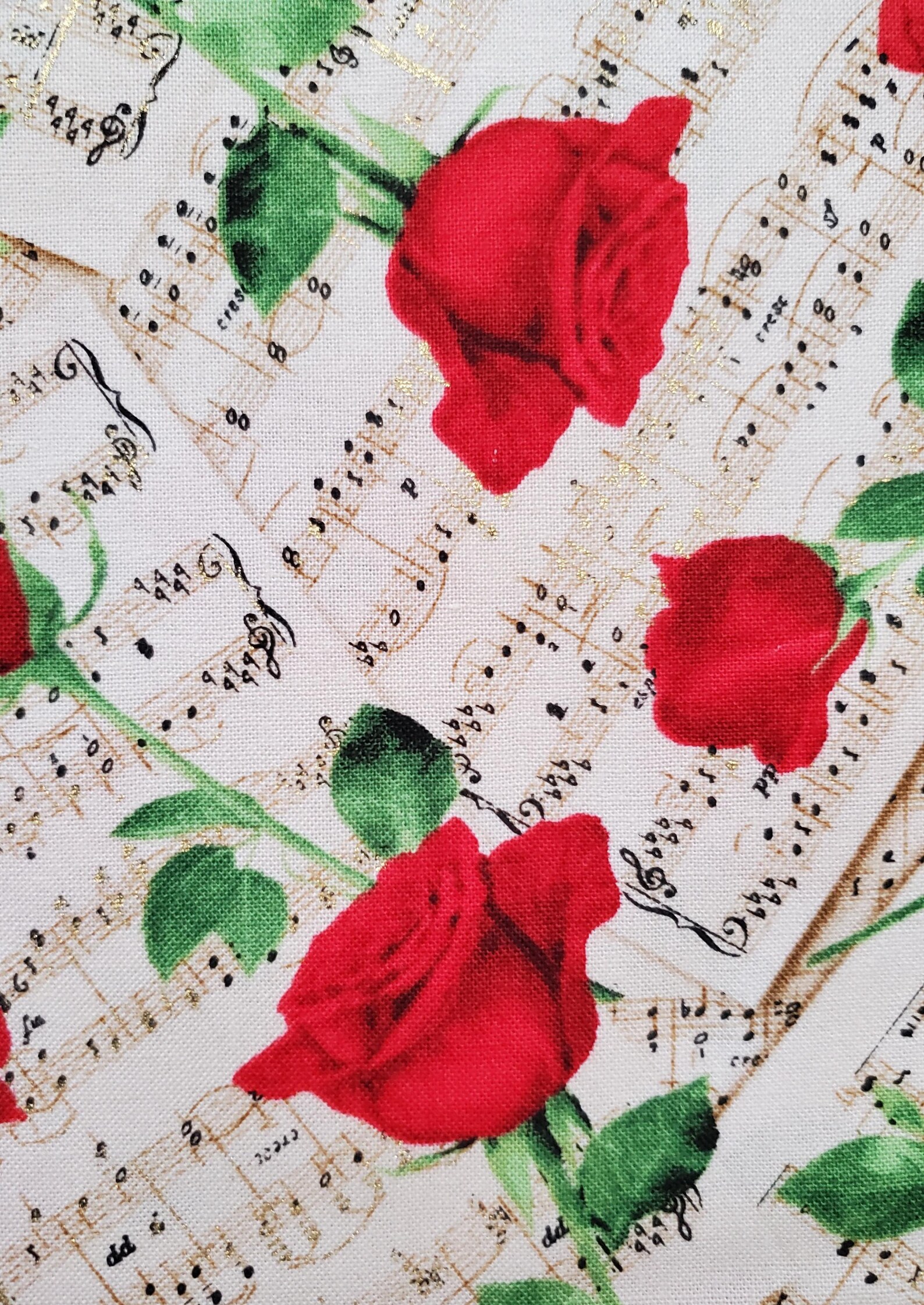 Music and Roses. Cotton Fabric by Timeless Treasures. Rich Red Roses on ...