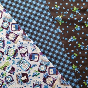 Blueberry Hill, Cotton Fabric by Greta Lynn for Kanvas. Jelly Jars, Bias Check, and Blueberries. By the Half Yard. 18&quot; long x 43&quot; wide.