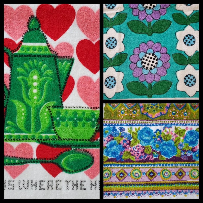 May include: Three different kitchen towels with colourful patterns. The first towel has a green teapot and cup design with red hearts on a white background. The second towel has a green, purple, and white floral design on a turquoise background. The third towel has a floral design with pink, blue, and green flowers on a white background.