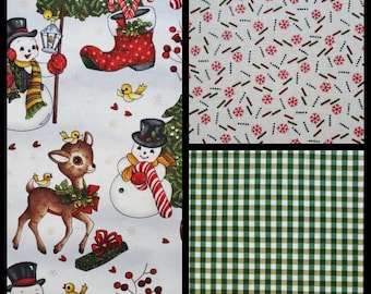 Winter Joy, Cotton Fabric by Hannah West for Henry Glass. Reindeer/Snowmen,  Coordinating Check and Snowflakes. By the Half Yard, 18&quot; x 43&quot;.