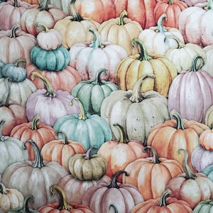 May include: A watercolor illustration of various pumpkins in shades of orange, green, pink, and cream. The pumpkins have textured surfaces and curved stems, creating a fall harvest theme.