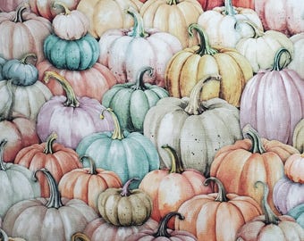 Pumpkin Patch. Cotton Fabric. Classy Pumpkins in Hues of Orange, Green, Teal, Lavender, White, and Tans. By the Half Yard, 18"x43".