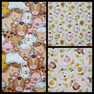 Farm Babies. Cotton Fabric by Fabric Traditions. Horse, Cow, Pig, Sheep, Duck, Chicken. By the Half Yard, 18&quot; long x 43&quot; wide.
