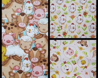 Farm Babies. Cotton Fabric by Fabric Traditions. Horse, Cow, Pig, Sheep, Duck, Chicken. By the Half Yard, 18&quot; long x 43&quot; wide.