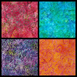 May include: A square image featuring four fabric swatches with batik patterns. The top left swatch is pink with green floral designs. The top right is blue and green with leaf patterns. The bottom left is purple with white and green floral patterns. The bottom right is orange with swirling patterns.