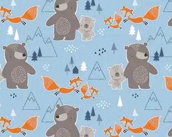 FLANNEL. Bear Friends Playtime. Cotton Flannel. Brown and Beige Bears with Orange Foxes on Blue. By the Half Yard, 18" x 42" wide.
