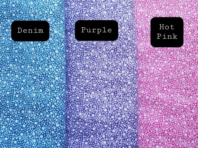 May include: Three fabric swatches with white polka dots on a blue, purple, and pink background. The swatches are labeled "Denim", "Purple", and "Hot Pink".