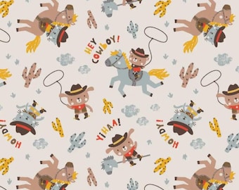 FLANNEL. Puppy & Kitty Cowboy Cotton Flannel by Camelot. Brown, Gray, Red, and Yellow on Tan. By the Half Yard, 18" long x 43" wide.