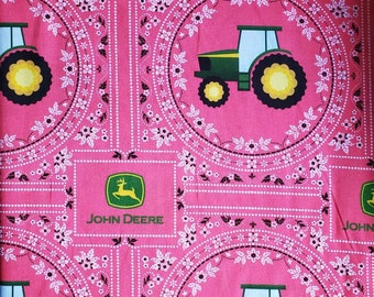 John Deere Bandana Cotton Fabric by Springs Creative. Pink Bandana, Green Logo and Tractor. By the Half Yard. 18" long x 42" wide.