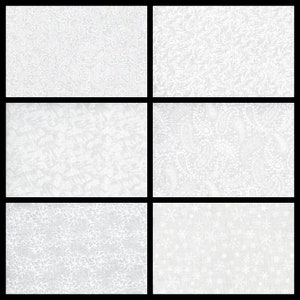 White on White. Quality Cotton Fabric in 6 Beautiful Designs. By the Half Yard, 18&quot; long x 43&quot; wide.