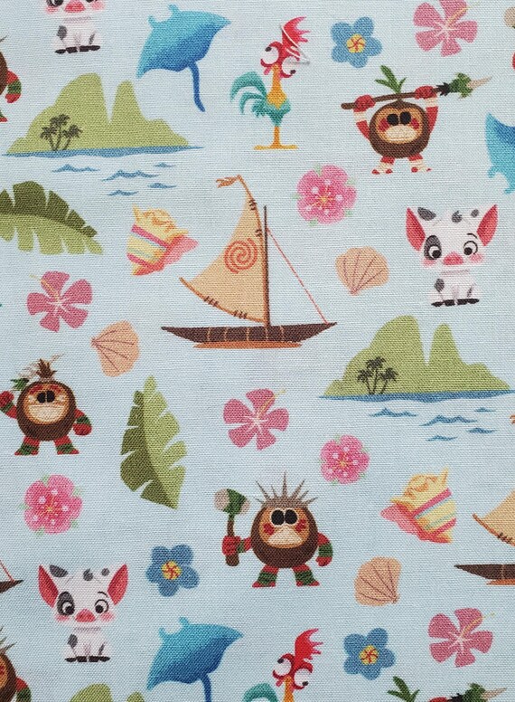 Moana Friends, Cotton Fabric. Pua, Hei Hei, the Kakamora, Boats