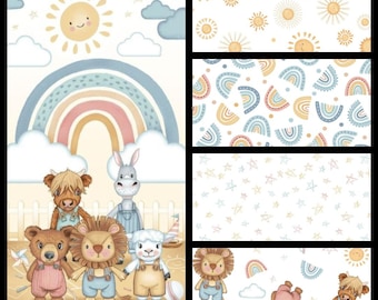 Boho Buddies. Cotton Nursery/Child Panel or 4 optional coordinating prints. Panel, 23.5" wide x 42" long. Coordinating prints, 18"x42" wide.