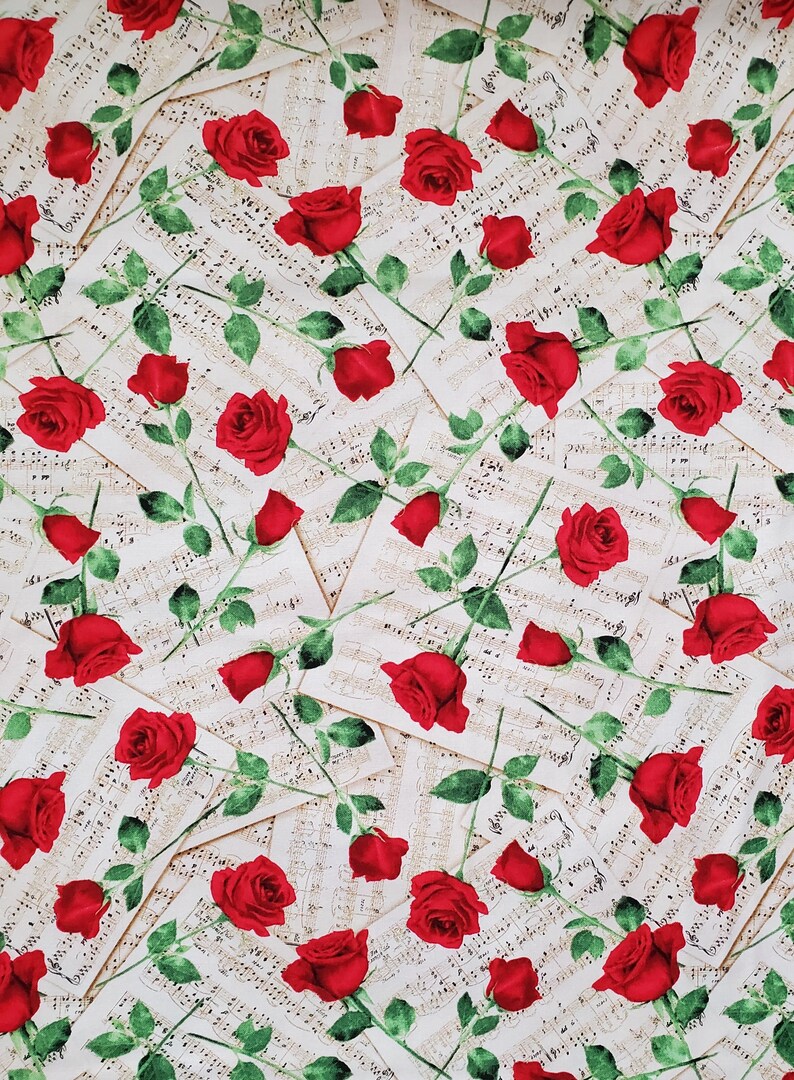 Music and Roses. Cotton Fabric by Timeless Treasures. Rich Red Roses on ...