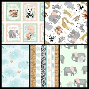FLANNEL. Tiny Tots, by Lisa Perry for 3 Wishes. Tossed Jungle Animals, Patches, Stripes, or Clouds & Birds. By the Half Yard, 18"x43" wide.