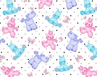 FLANNEL. Ponies and Butterflies, Cotton Flannel. Blue, Turquoise, and Pink on White. Ponies, Butterflies, and Dots. By the Half Yard, 18x43.
