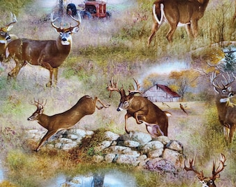 No Boundaries. Autumn Deer. Cotton Fabric. Scenic Old Tractor, Barn, Deer, Grass. Brown, Tan, Olive Green. By the Half Yard, 18"x43" wide.