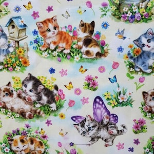 Daydream Kitties, Cotton Fabric by ATED. Vintage Fuzzy Kittens and Flowers on Yellow and Blue Mottled. By the Half Yard. 18" x 43" wide.