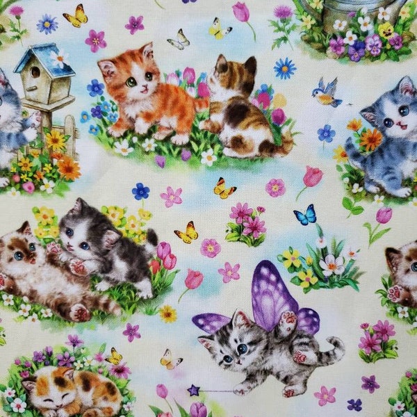 Daydream Kitties, Cotton Fabric by ATED. Vintage Fuzzy Kittens and Flowers on Yellow and Blue Mottled. By the Half Yard. 18" x 43" wide.