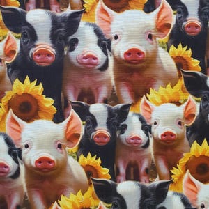 Sunshine Piglets. Cotton Fabric by David Textiles. Sweet Little Baby Piggies with Sunflowers. By the Half Yard, 18&quot; long x 43&quot; wide.