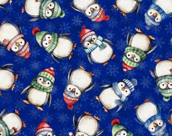 Penguin Dance. Cotton Fabric. Fun Little Penguins in Hats and Scarves on a Deep Royal Blue Background. By the Half Yard, 18"x43".