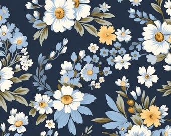 Daisies at Midnight. Cotton Fabric. White Daisies with Tiny Light Blue and Yellow Flowers on Navy. By the Half Yard, 18"x43" wide.