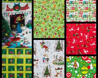 Merry Grinchmas, Cotton Fabric by Robert Kaufman. Coordinating Prints or Panel. Prints By the Half Yard, 18" x 43" wide. Panel, 25" x 42".